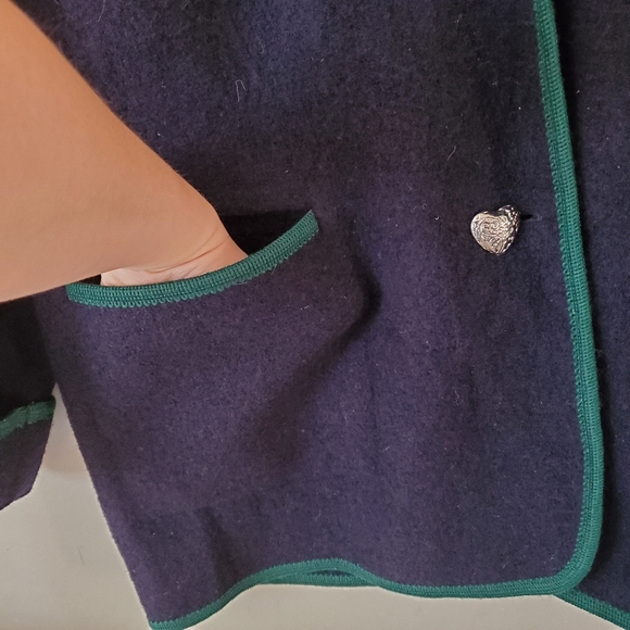 Vintage Boiled Wool Burgefried Navy Blue Green Floral Jacket Coat Size Large - Picture 5 of 10